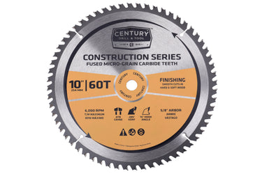 10216 - Century Drill & Tool 10216 10" 60T Construction Circular Saw Blade, Durable C3 Carbide Teeth, Heat Vents, Precise Cuts, Low Vibration
