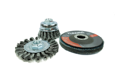 58093 - Tundra Tools 3 Piece Mini Grinder Set 58093, flap disc to grind and finish, wire cup brush to remove rust and corrosion, wire wheel for removal of paint and surface rust