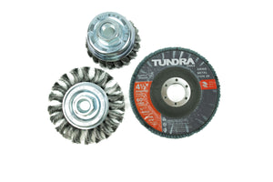 58093 - Tundra Tools 3 Piece Mini Grinder Set 58093, flap disc to grind and finish, wire cup brush to remove rust and corrosion, wire wheel for removal of paint and surface rust
