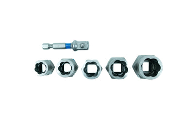 73425 - Century Drill & Tool 6 Piece Bolt Extractor Set 73425; securely grips damaged bolts and fasteners, impact ready socket adapter included