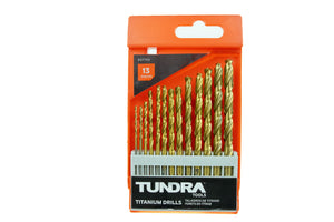57743 - Tundra Tools 13 Piece Titanium Drill Bit Set 57743, titanium coated, cut through metal, wood, and plastic, 135 degree point